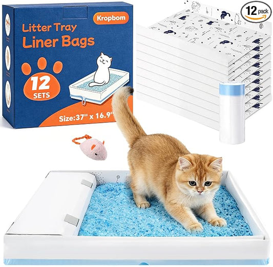 12 Pack Litter Box Liners Compatible with Safe Pets Scoopfree Cat Litter Box Tray Refill, Large Cat Waste Poop Bags with Tear-resistant Cardboard and Drawstring -37" x 16"(Cardboard Included)