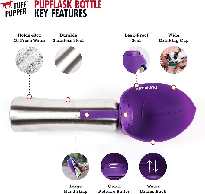 Tuff Pupper Dog Water Bottle Holder and PupFlask Portable Water Bottle - 40oz, Violet