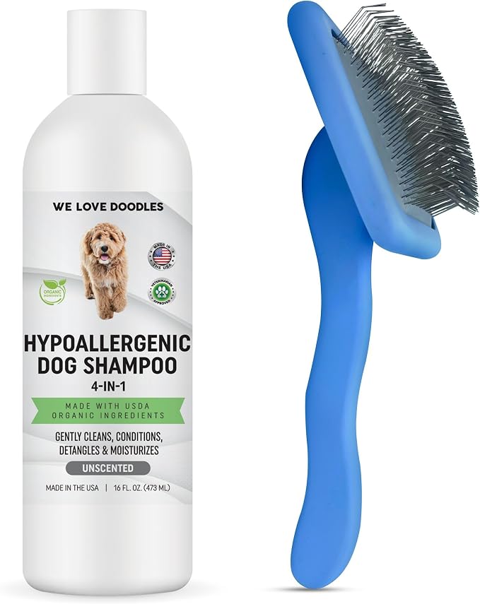 We Love Doodles Hypoallergenic Dog Shampoo and Slicker Brush - Made in USA | Sensitive Skin & Allergies | Brush for Grooming Pet Hair | Long Pin for Dematting