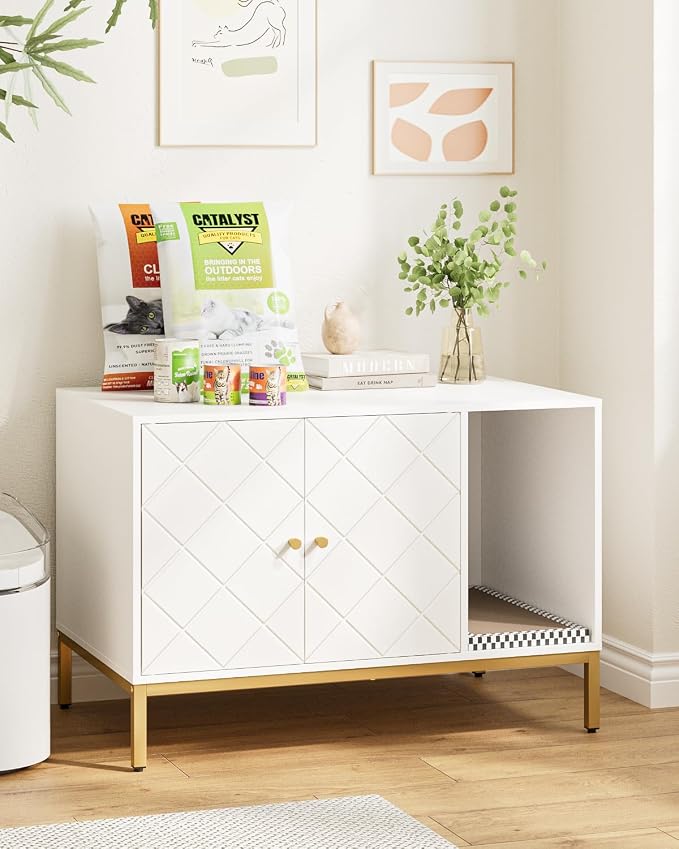 Cat Litter Box Enclosure, Modern Hidden Litter Box Furniture with Scratching Pad, Wooden Cat House Cabinet with Gold Metal Legs, Fit Most of Litter Box, White