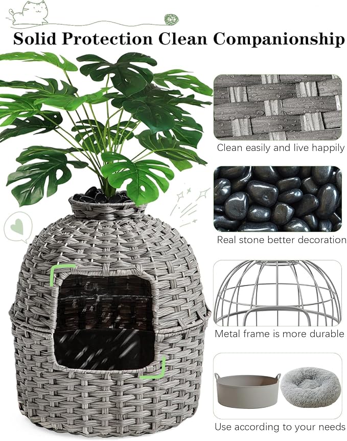 SETVSON Cat Litter Box Plant Enclosure, Hidden Handwoven Rattan with Cat Litter Box Furniture and Artificial Plants, Odor Control Filter, Real Stones in Living Room, Bedroom, Corner (Gray)