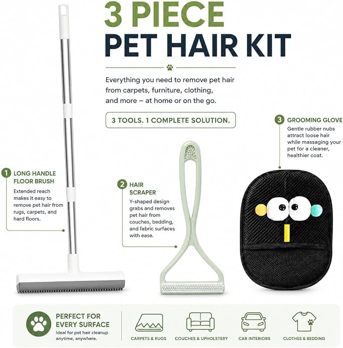 GOOGO Pet Hair Removal Tool Kit, 3 in 1 Carpet Rake Set with White Long Handle Brush, Mint Green Scraper and Scalable Pet Broom Glove for Carpets, Couches and Cars