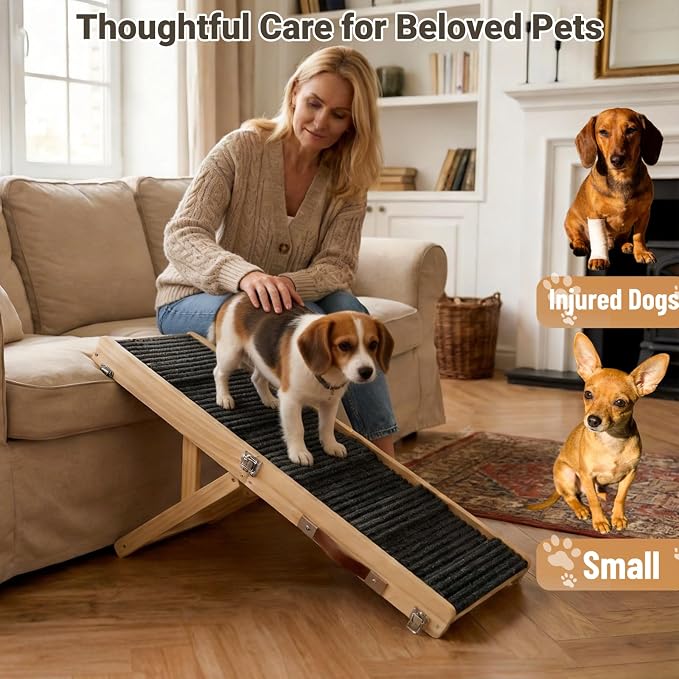 Valerith's Keep Dog Ramp for Couch & Bed for Small Dogs, Foldable Small Dog Ramps for Sofa - 31.5" LX12 W, 4 Adjustable Height, Portable, Stable, Non-Slip, Carry Handle, Wood Color, Solid Wood
