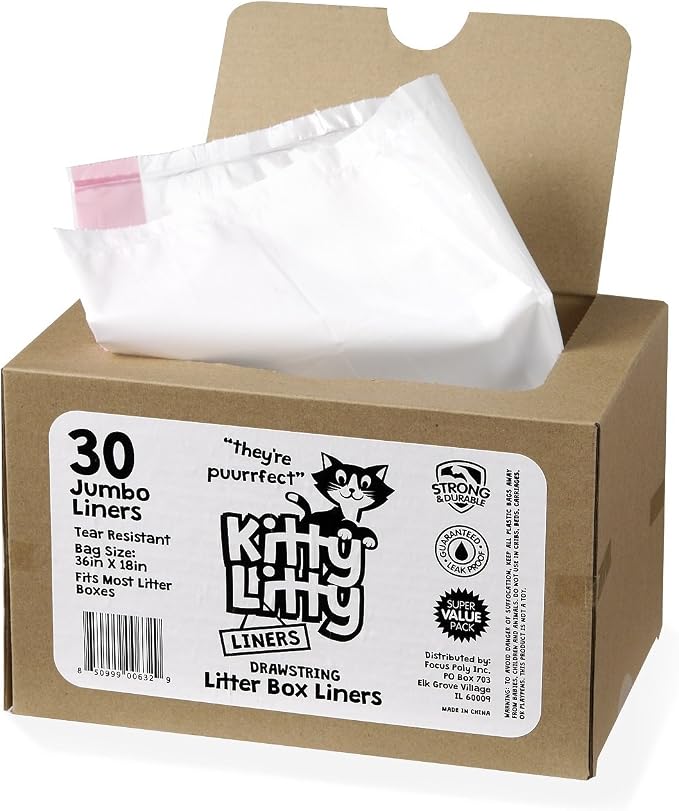 Cat Litter Box Liners 30 Count Drawstring Kitten Waste Bag | leak proof, heavy duty, scratch resistant, litter tray liner, kitty clean up, rabbit litter liner, extra large size