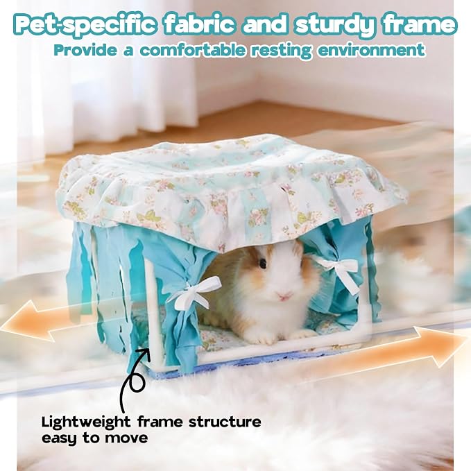 Hamster Hideout Tent with Curtain,Bunny Hideout, Machine Washable Guinea Pig Hide Tent Houses & Habitats, Triangular Hideout Shelter Small Animal Bed,Ferret, Rat, Chinchilla, Squirrel（Blue）