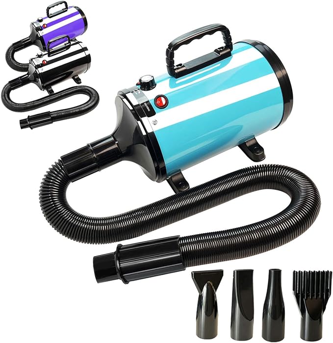 High Velocity Professional Dog Grooming Dryer,Adjustable Temperature and Speed Hair Dryer for Pets with 4 Nozzles Blue&Purple