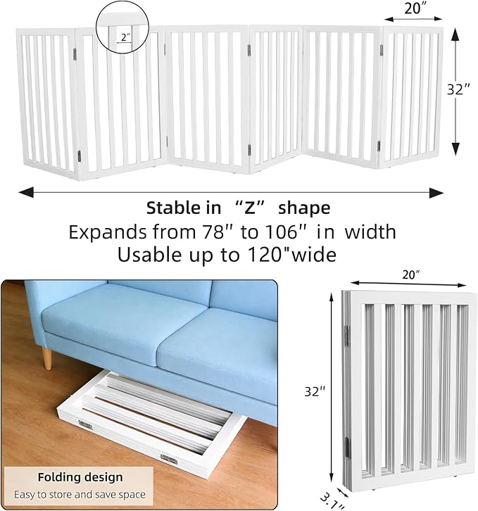 Dog Gate Indoor, Freestanding Dog Fence for The House, Doorways, Hallways,or Stairs,Pet Gate Foldable Wooden,Expandable 32" Height 6 Panels,White