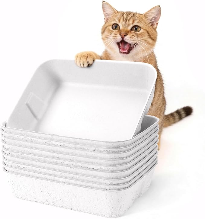 Disposable Litter Boxes for Cats, Durable and Water Resistant, Sustainable Large Disposable Litter Box, Disposable Cat Litter Boxes for Indoor/Travel Use, Standalone or as Liner (White, Large 10-Pack)