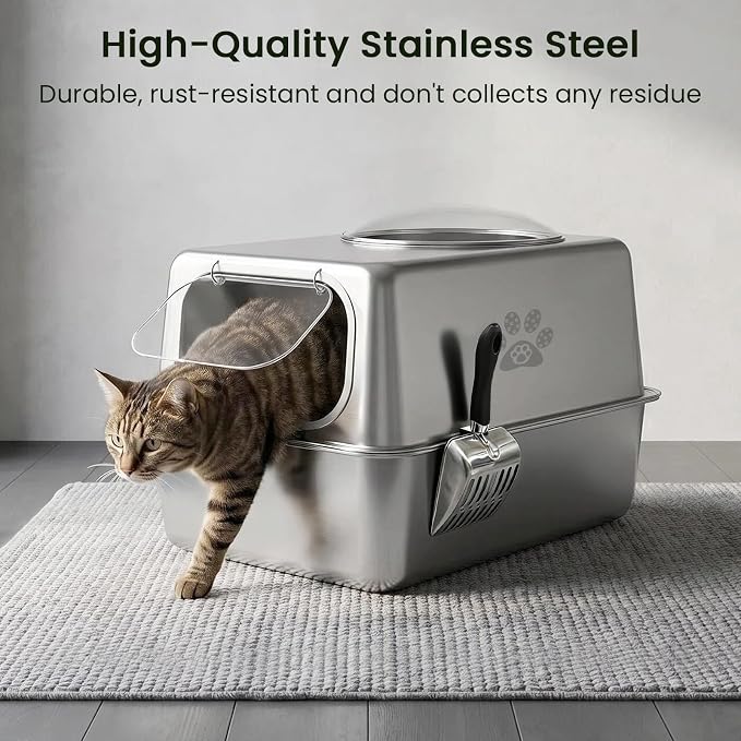 Ptlom Enclosed Stainless Steel Cat Litter Box with Lid, Extra Large Metal Litter Box, Leak-Proof High Sided Covered Litter Box for Kitties & Multi Cats, Non-Stick, Includes Litter Mat & Scoop