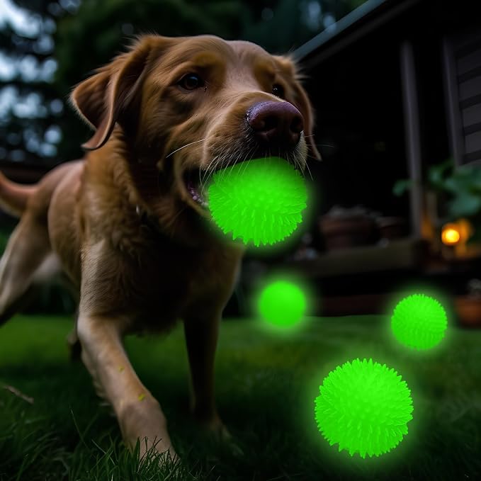 Silipull 4 Pcs 3.15 Inch Glow Dog Ball Spiky Squeaky Dog Toy Ball Glow in The Dark Rubber Interactive Elastic Puppy Fetch Chew Toys for Aggressive Chewers Small, Medium, Large Puppy Pet