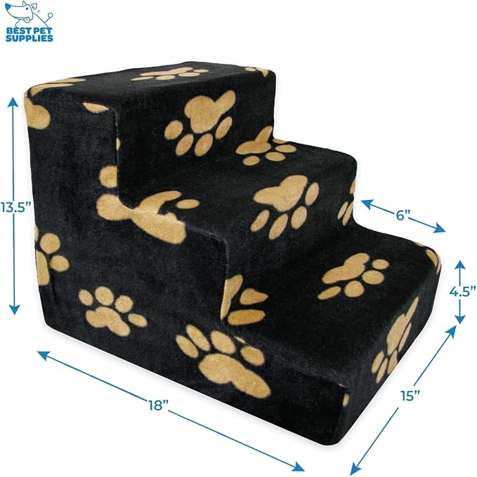 Best Pet Supplies Dog Stairs & Steps - Foam Steps for Small Dogs & Cats, Non-Slip Indoor Balanced Pet Step Support, Dog Ramp, No Assembly, Paw Print on Black, 3-Step (13.5-inch Height)