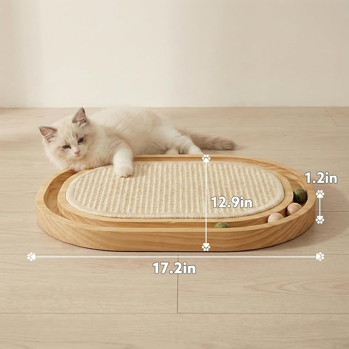 Sisal Cat Scratcher Toy with Ball Track, Natural Scratching Pad, Wooden Cat Toy with Non-Slip Base for Indoor Cats, Suitable for Kittens and Medium Cats