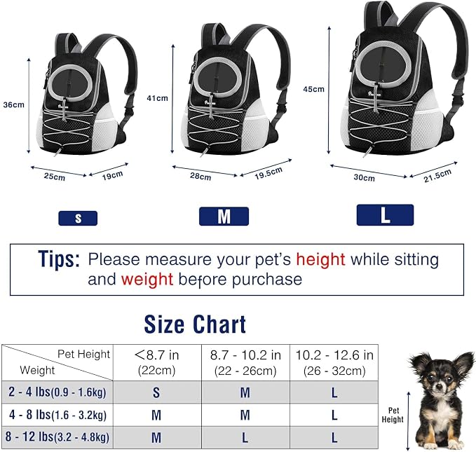 Pawaboo Pet Dog Carrier Backpack, Puppy Dog Travel Front Carrier for Small Medium Dogs Cats, Adjustable Breathable Dog Carrying Backpack with Safety Strips for Hiking, Walking (Black L Up to 14 lbs)