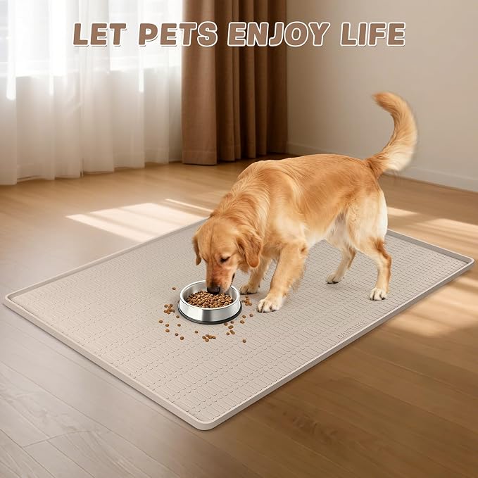 47" x 35" Silicone Dog Food Mat, Waterproof Pet Feeding Mat with Raised Edge, Extra Large Dog Bowl Mat Non-Slip Water Bowl Placemats for Dogs, Protects Floors, Easy to Clean (Beige)