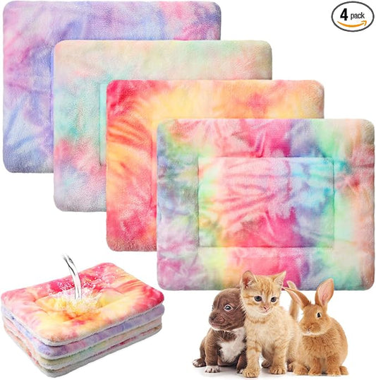 Haull 4 Pcs Waterproof Guinea Pig Bedding Soft Dog Cat Bed Crate Mat Small Animal Plush Cage Liners Rabbit Bunny Kennel Pad Reversible Cozy Pee Thickened Hamster Pad(Tie Dyed,13 x 18.5 Inch)