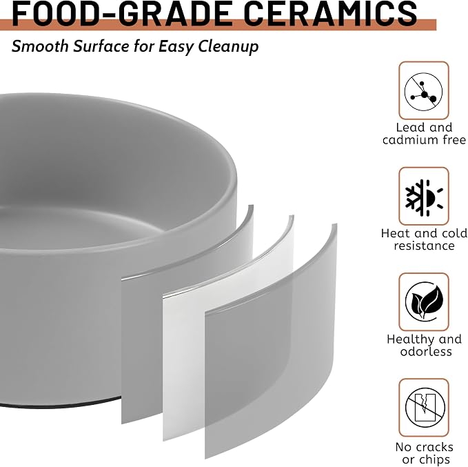 Ceramic Dog Bowls, Non Slip Dog Food and Water Bowl with Silicone Base, Heavy Duty Feeding Bowl for Small and Medium Dogs (Grey, 6 Inches)