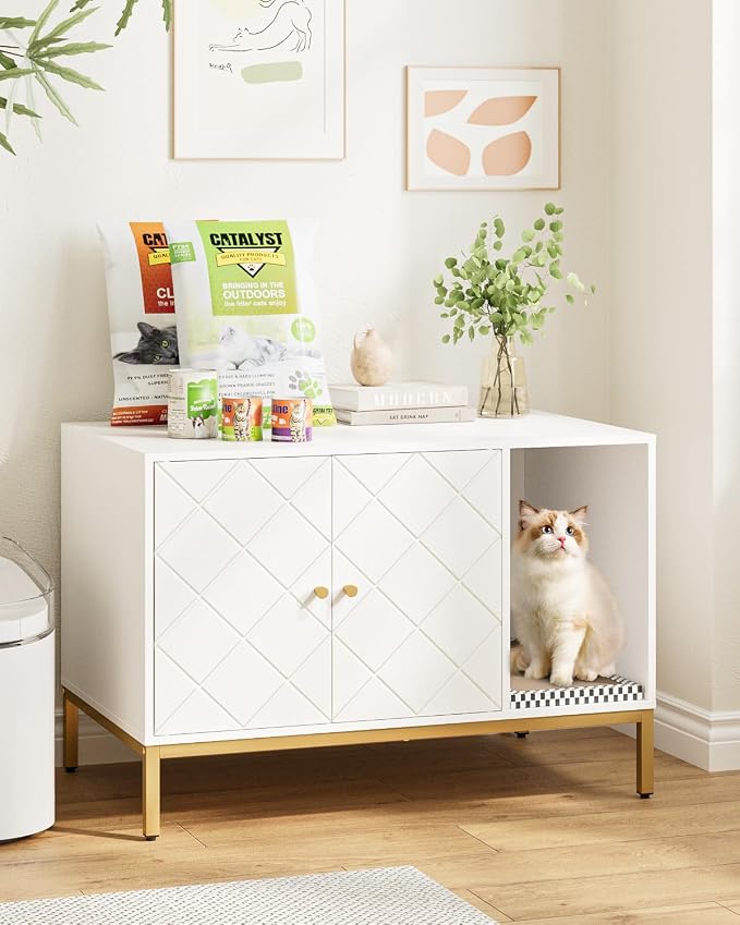 Cat Litter Box Enclosure, Modern Hidden Litter Box Furniture with Scratching Pad, Wooden Cat House Cabinet with Gold Metal Legs, Fit Most of Litter Box, White