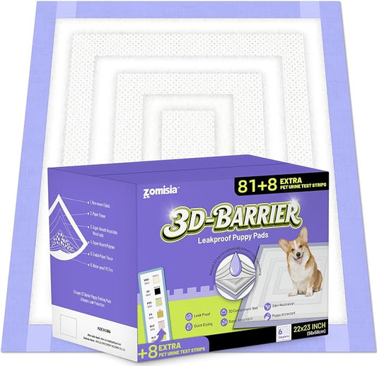 ZOMISIA 3D-Barrier Puppy Pee Pads for Dogs, 7 Cups Absorb & Rise Puffy Gel-Wall Leak-Proof, 22"x23" 81 Counts + 8 Pet Urine Test Strips, Super Absorbent Disposable Potty Training Pads