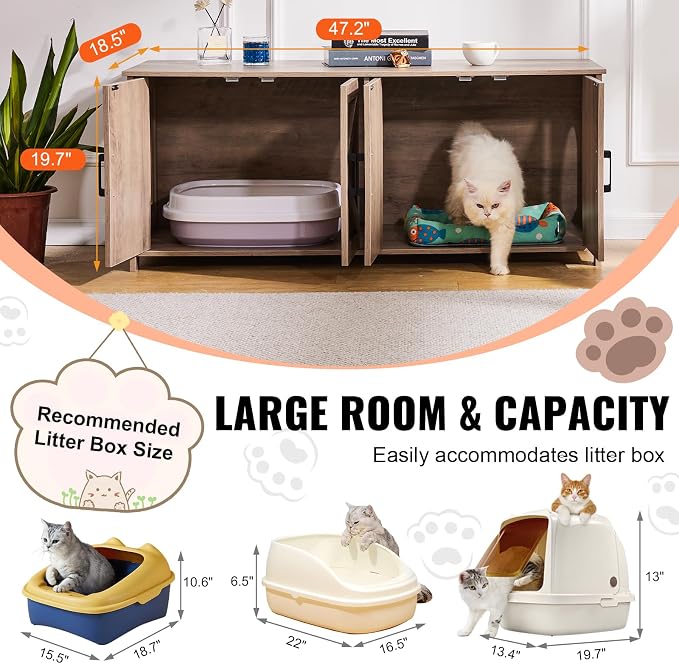 VEVOR Cat Litter Box Enclosure for 2 Cats, Litter Box Furniture Hidden with Double Rooms, Wooden Cat Box Cabinet Fit Most of Litter Box