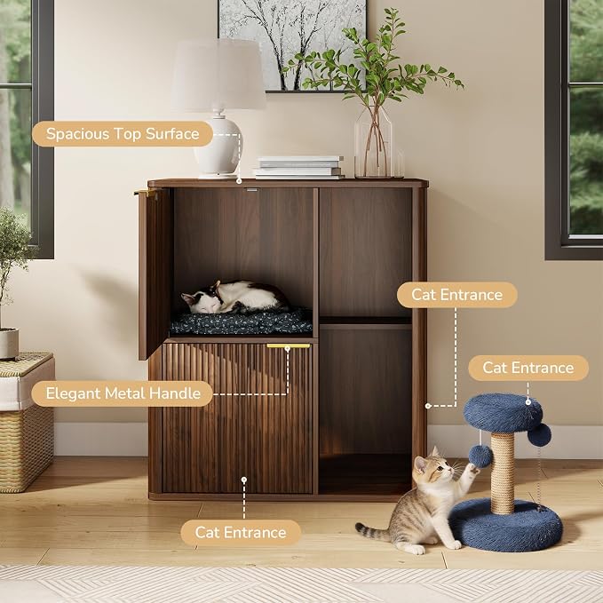 Rovibek Double Cat Litter Box Enclosure Furniture, Fluted Hidden Litter Box Enclosure for 2 Cats with Double Room, Mid Century Dual Cat Litter Cabinet with Scratching Post, Dangling Ball, Walnut