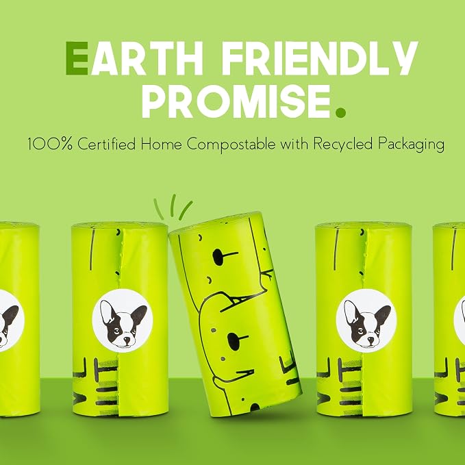 Certified Compostable Dog Poop Bag with Handles + Dispenser | 10% to Charity | Vegetable Based Dog Poop Bag | Eco Friendly and Earth Friendly dog waste bags | Leakproof And Zero Odor