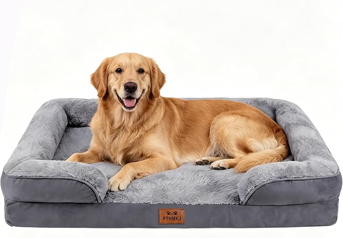 Orthopedic Dog Bed for Extra Large Dogs - Gel Memory Foam Pet Bed with Waterproof & Washable Cover, Contoured Bolster Design for Dogs & Cats (Grey, 44.0" L x 31.5" W x 7.5" Th)