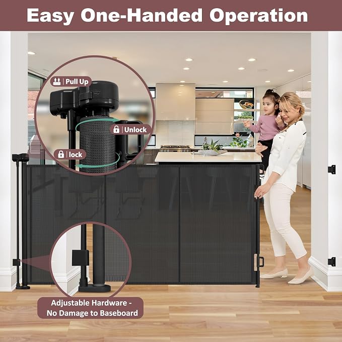 Reinforced 41 Inch Extra Tall Retractable Baby Gates 80" Wide Retractable Dog Gate with Support Rods – Prevents Crawling Under, Indoor Long Baby Gate Retractable Gate Outdoor Extra Tall Dog Gate/Black