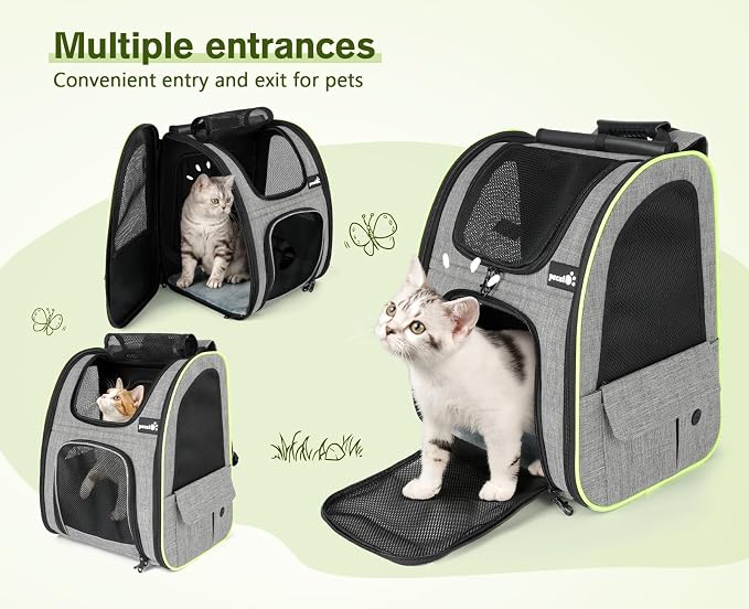 Pecute Cat Backpack Carrier Expandable, Pet Backpack with Curtain for Cats Dogs Up to 11lbs, with 4-Side Breathable Mesh, Multi-Entry & Lockable Zippers for Travel, Hiking, Camping - Hands Free