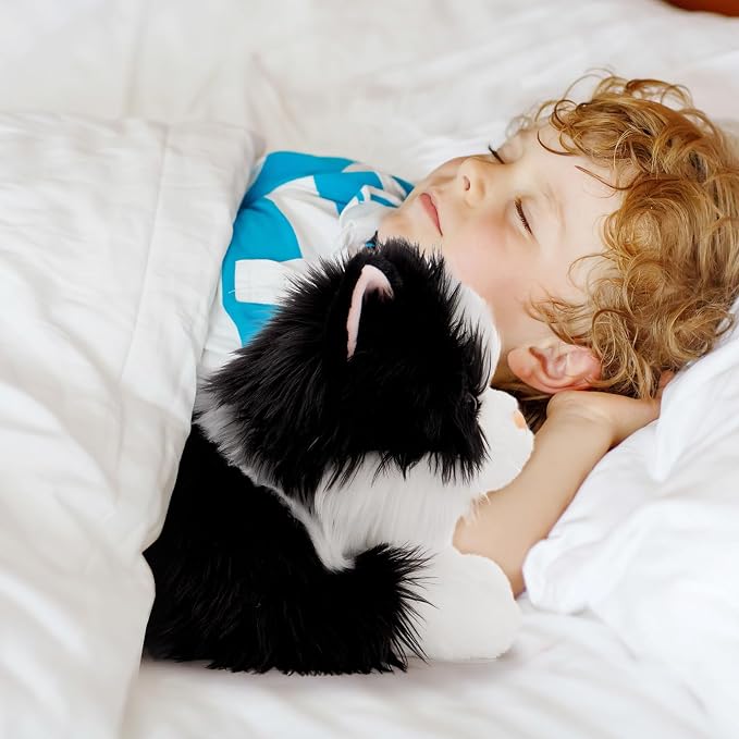 Tezituor 5Pcs Cat Stuffed Animals Set, 20 inch Large Realistic Stuffed Cat with 4 Cute Kittens Baby, Soft Black and White Ragdoll Plush Body Pillow for Boys Girls