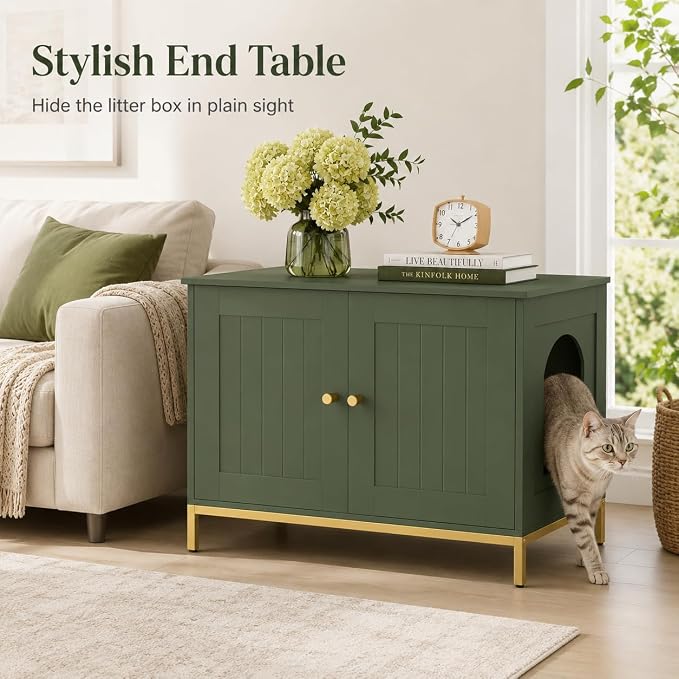 Homhedy Cat Litter Box Enclosure, Cat Washroom Furniture with Metal Frame, Pet House, Fit Most of Litter Box, Modern Style, Green and Gold