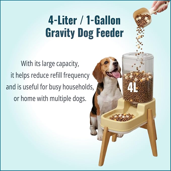 Elevated Dog Food Dispenser with Bamboo Stand for Medium Large Dogs - 4L 1 Gallon Gravity Dog Feeder - Raised Automatic Dog Food Bowl Station - Custom Fit Non Slip Anti Tip Non Wooble