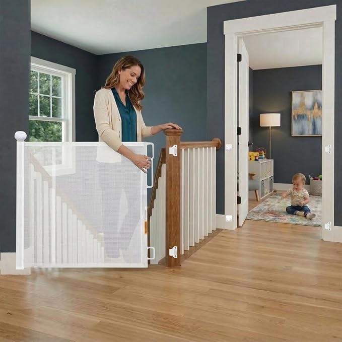 Retractable Baby Gate - 72" Wide Mesh Dog Gate with Support Rods - 34" Tall for Stairs, Doorways, Hallways - Drill or No-Drill - Pet & Cat Gate - Outdoor/Indoor (White, 5.91 Feet)