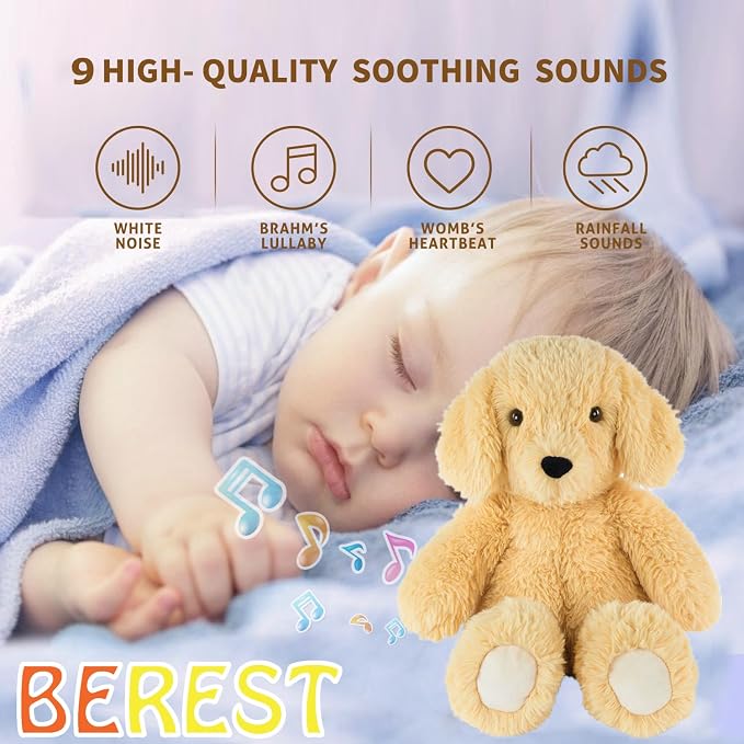 BEREST Newborns Musical Baby Sleep Soother, Mom's Heartbeat White Noise Machine|Dog Sleeping Aid with Cry Sensor|Night Light & 9 Sounds Therapy|Sleepy Puppy Stuffed Toy for Toddler Crib|Yellow
