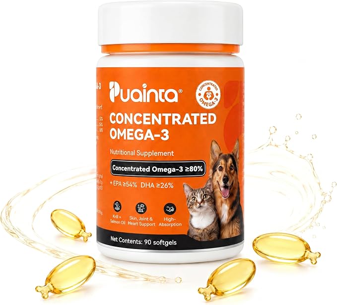 PUAINTA Omega 3 Fish Oil for Dogs & Cats, 80% EPA DHA, Skin & Coat, Itch & Shedding Support, Joint & Immune Health, Wild Icelandic Fish & Krill Oil Softgels (90 Count)