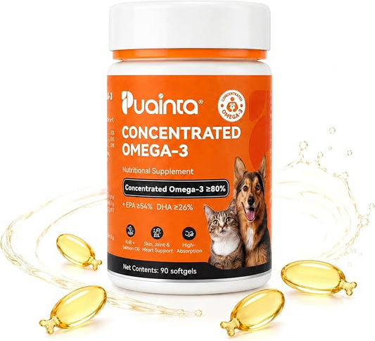 PUAINTA Omega 3 Fish Oil for Dogs & Cats, 80% EPA DHA, Skin & Coat, Itch & Shedding Support, Joint & Immune Health, Wild Icelandic Fish & Krill Oil Softgels (90 Count)