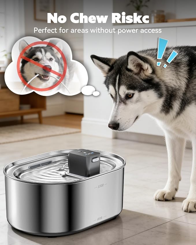 Wireless Dog Water Fountain, 8L/2.1Gal Battery Operated Dog Water Bowl Dispenser, Cordless Stainless Steel Pet Water Fountain with 3 Motion Sensor for Multi-Pets, Easy Setup