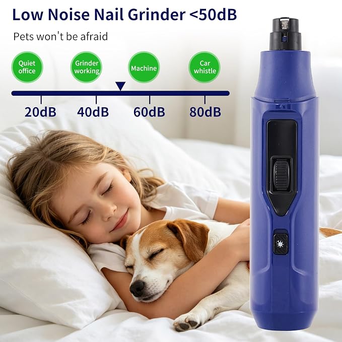 Dog Cat Nail Grinder with LED Light, 7 Speed Adjustable, Quiet Pet Nail Trimmer with 1 Grinding Heads, Cat and Dog Nail Clipper