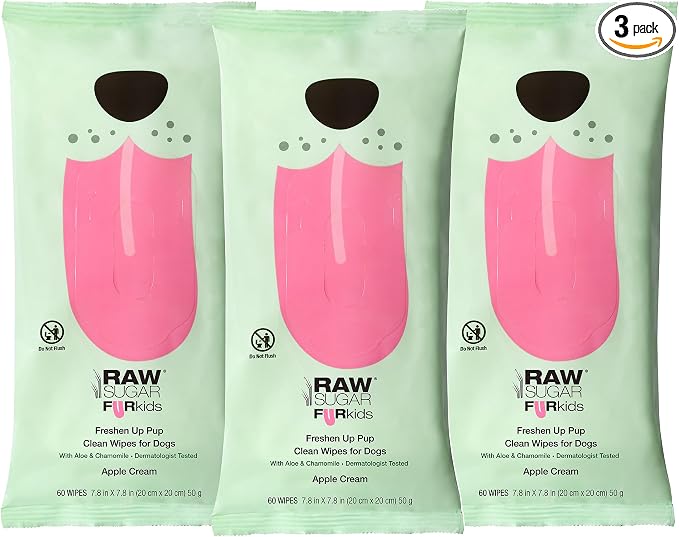 Raw Sugar Dog Wipes, Fur Kids Waterless Pet Wipes, 3 Pack, 60 Ct, Dog Grooming, Cleaning & Deodorizing, with Chamomile & Aloe Vera for Paws, Coat, Face & Ears, Vegan & Animal Test-Free, Apple Cream