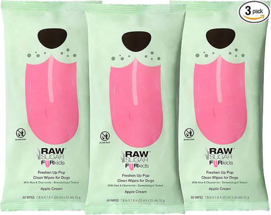 Raw Sugar Dog Wipes, Fur Kids Waterless Pet Wipes, 3 Pack, 60 Ct, Dog Grooming, Cleaning & Deodorizing, with Chamomile & Aloe Vera for Paws, Coat, Face & Ears, Vegan & Animal Test-Free, Apple Cream