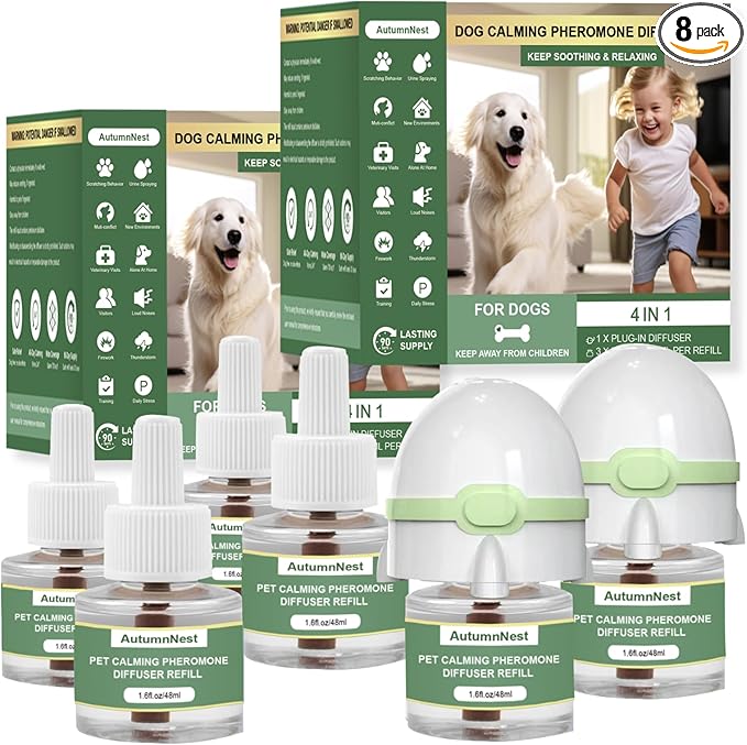 8-in-1 Dog Calming Pheromone Diffuser Kit – Pet Stress Support (2 Plug-Ins & 6x48ml Refills), Calming Diffuser for Dog During Thunderstorms, Travel, Separation, Fireworks & Vet Visits, 180-Day Supply