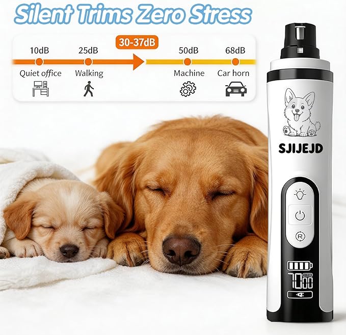 Upgraded Silent Dog Nail Grinder Quiet, Cordless Grooming Pro Nail with 3 Adjustable Speeds & Led Light Whisper Quiet Claw Trimmer for Dogs, Cats and Other Animals (2 Replacement Heads)