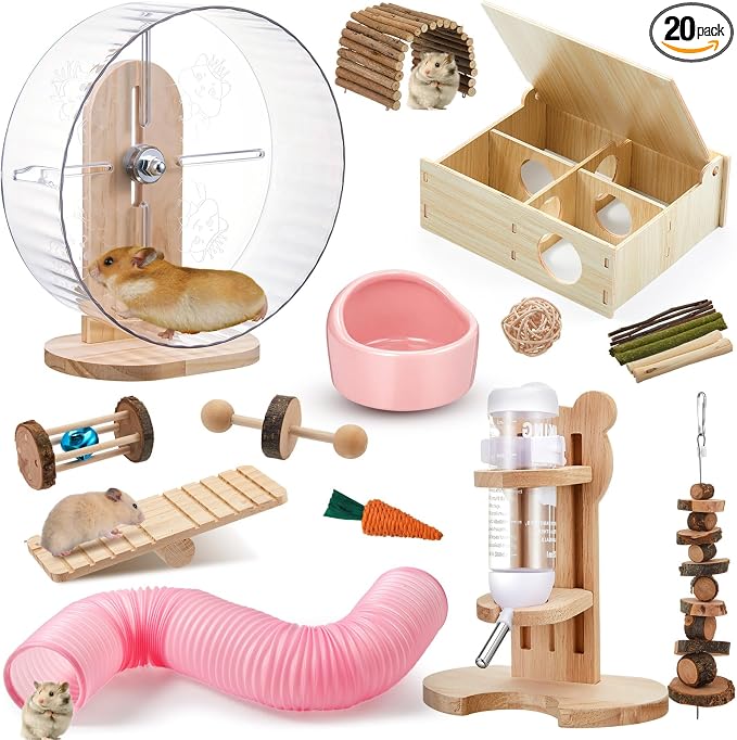20 Pcs Hamster Toys Set, 16 Small Animal Chewing Toys, Maze Wood House, Silent Exercise Running Wheels and Water Bottle Set Feeding Bowl for Hamster Habitat Rat Cage Accessories(Pink)