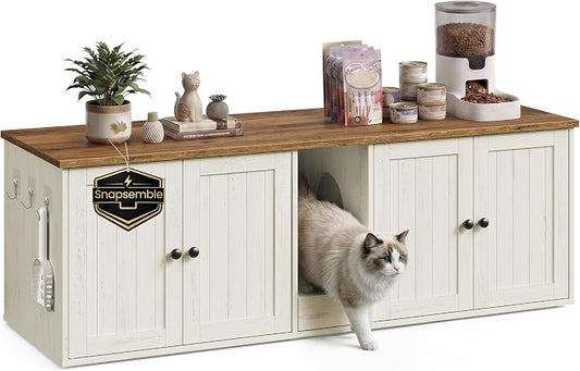 SONGMICS Home Cat Litter Box Enclosure, Snapsemble Superfast Assembly, Double Litter Box Furniture Cabinet Hidden with Collection Drawer, Hooks, Cat House, Rustic White and Honey Brown UPCL235WJ02S