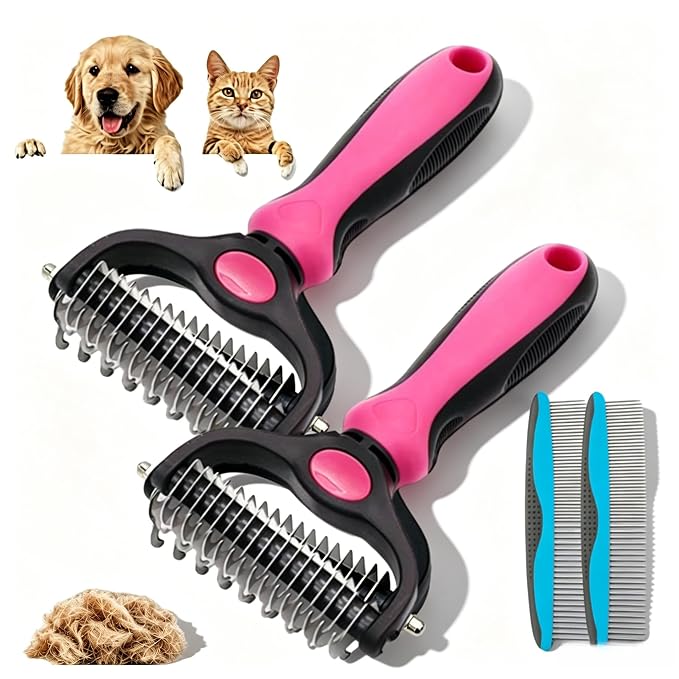 Double-sided Deshedding Pet Brush - Dual-Sided, Ergonomic & Gentle for Dogs & Cats, 2027 New Dematting Comb for Dogs Cats for Matted Fur (2 * Pink)