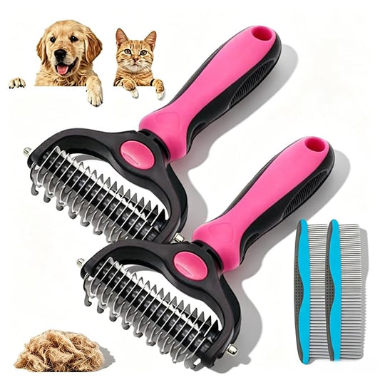 Double-sided Deshedding Pet Brush - Dual-Sided, Ergonomic & Gentle for Dogs & Cats, 2027 New Dematting Comb for Dogs Cats for Matted Fur (2 * Pink)