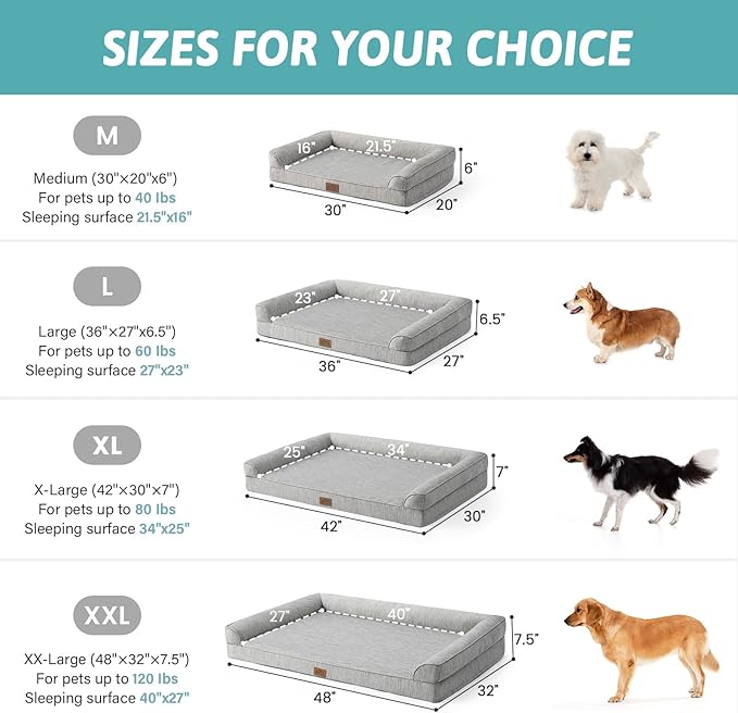 COZY KISS Cooling Dog Bed for Medium Dogs, 36"x27" Orthopedic Foam Sofa with Bolster Sides, Q-Max >0.4 Cooling Technology, Cool Pet Bed with Removable Washable Cover, Grey