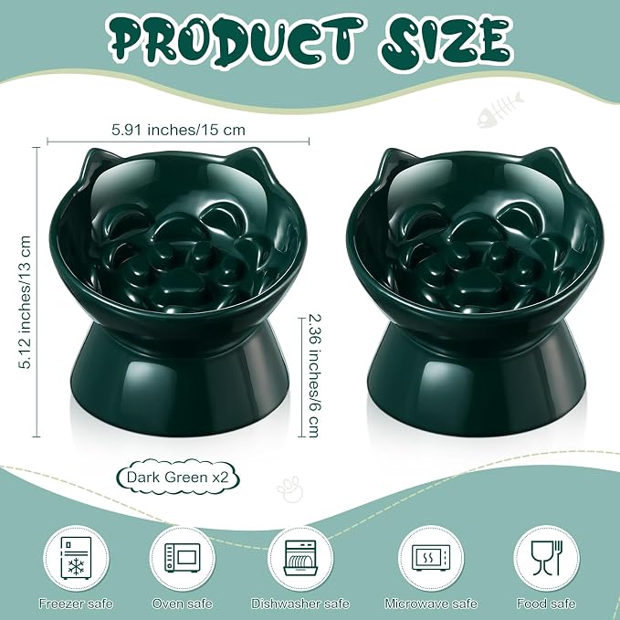 Funnymoom 2 Pcs Ceramic Raised Slow Feeder Cat Bowl, 5.91inch Elevated Cat Slow Feeder Bowl Tilted Anti Vomiting for Dry Wet Food and Water Easy to Clean High Edge(Dark Green)