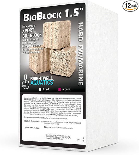 Brightwell Aquatics - Xport-BIO Block Aquarium Filter - Biological Filtration Media for Bacteria Growth, Nutrient Control and Control of Other Unwanted Nutrients - Aquarium Treatments, 12Pack, 1.5inch