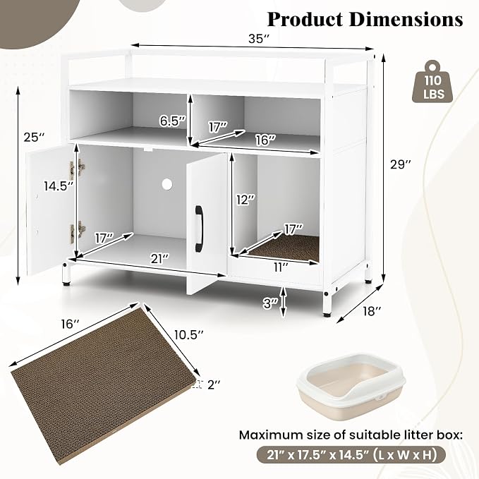 Tangkula Litter Box Enclosure, Enclosed Cat Box Cabinet with 2 Storage Compartment, Metal Frame, Scratching Board, Hidden Cat Washroom, Modern Litter Box Furniture for Indoor Kittens