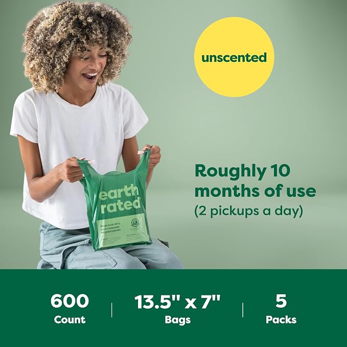 Earth Rated Dog Poop Bags with Handles Value Pack, Easy Tie and Guaranteed Leakproof, Unscented, 600 Handle Bags